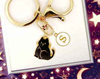 Shiny Black Cat Keychain with Gold Details Cute Sitting Kitty Charm for Cat Lovers Aesthetic Keyring for Bags Purses and Gifts-K-A053-1