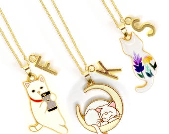 White Cat Charm Necklace – Custom Initial Kawaii Gift for Cat Lovers with Moon or Floral Design 18 Gold Plated Necklace - NCA-008