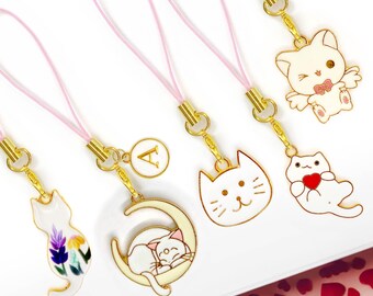 White Cat Phone Charm with Personalized Letter – Kawaii Kitty Keychain with Hearts, Florals & Cute Minimal Style Accessory