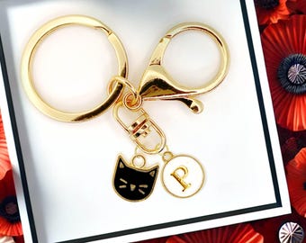 Minimalist Black Cat Face Keychain with Gold Custom Initial Charm Cute Feline Charm Gift for Cat Lovers or Personalized Accessory-K-A088-1