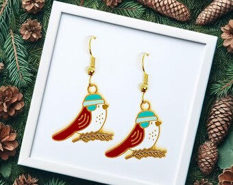 Sparrow with Hat Dangle Earrings, Cute Bird Lover Jewelry Gift, Whimsical and Playful Nature-Inspired Accessory - ERA-A040-2