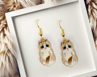 Cat Lover Gift Earrings – 18k Gold Plated Ragdoll Cat Dangle, Kawaii Jewelry, Dainty Cat Jewelry, Cute Accessory, Perfect Gift for Mom