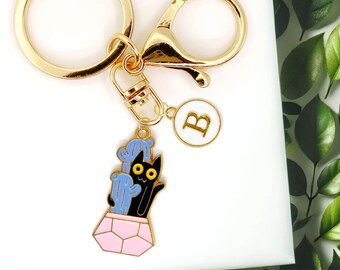 Black Cat with Purple Cactus Keychain - Cute Enamel Kitty in Geometric Pink Pot - Plant Lover Cat Charm Gift for Her-K-A022-11
