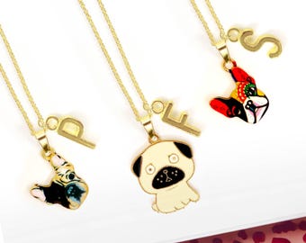 Bulldog and Pug Dog Charm Necklace – Cute Enamel Jewelry Gift for Dog Moms, French Bulldog and Pug Pendant with Personalized Initial-NCA-019