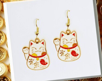 Cute Cat Earrings Lucky Maneki Neko Dangle – Kawaii Good Luck Gift for Cat Lovers & Cat Lady Jewelry