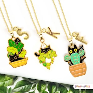 かわいい猫ネックレス 猫の植物ジュエリー 猫ママへのギフト 黒猫チャーム 猫好きへのギフト カスタムイニシャル 植物レディネックレス