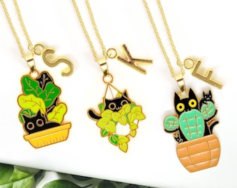 Kawaii Neko Necklace Cat Plant Jewelry Gift for Cat Moms, Black Cat Charm, Cat Lover Gift, Custom Initial, Plant Lady Necklace