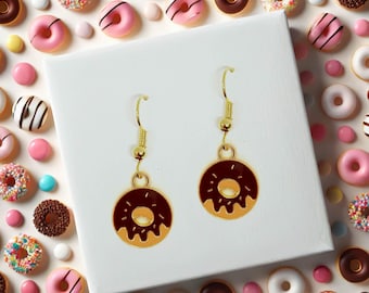 Donut Dangle Earrings, Fun Kawaii Jewelry Gift for Donut and Dessert Lovers, Chocolate Glaze Design - ERA-A030-7