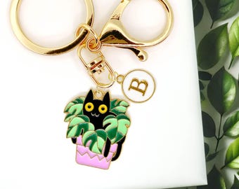 Black Cat in Monstera Plant Pot Keychain - Cute Enamel Kitty in Pink Pot with Tropical Leaves - Plant Mom Gift Cat Lover Charm-K-A022-12