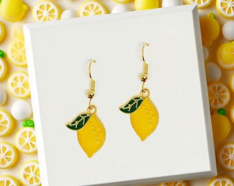 Lemon Dangle Earrings with Enamel Charm, Summer Fresh Fruit Jewelry Gift for Lemon Lovers and Fun Accessory Fans - ERA-A050-2