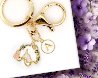 Cute Enamel Keychain: Sakura Cherry Blossom White cat with Custom Monogram-K-A013-7-Keychain