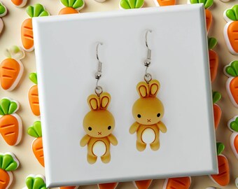 Kawaii Brown Bunny Dangle Earrings, Cute Resin Rabbit Jewelry, Adorable Gift for Bunny Lovers, Fun and Playful Accessory-ERB-AB004-1