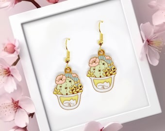 Sleeping White Cat in Cactus Terrarium Pot Dangle Earrings 18k Gold Plated Hook, Kawaii Jewelry Gift for Cat & Plant Lovers-ERA-A025-1