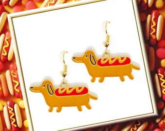 Dachshund Sausage Dog Dangle Earrings with Enamel Pendant and 18k Gold Plated Hook, Cute and Quirky Jewelry Gift for Dog Lovers-ERA-A057-1