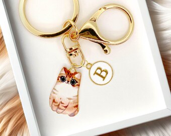 Cute Brown Tabby Cat Enamel Keychain with Personalized Monogram Letter Charm, Fun Kawaii Gold-Plated Keyring, Trendy Bag Charm-K-A004-4
