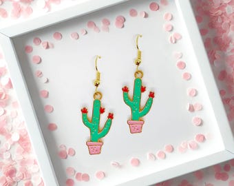 Cactus Earrings, Green Cactus with Red Flowers in Pink Pot, Cute Enamel Earrings for Plant Lovers and Botanical Jewelry Fans - ERA-A114-3
