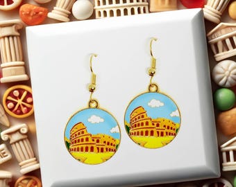 Colosseum Rome Dangle Earrings 18k Gold Plated Hook, Cute Jewelry Gift for Italy Lovers, Travel and History Inspired Accessory - ERA-A129-4
