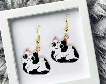 Black and White Cat Dangle Earrings 18k Gold Plated Hook, Kawaii Jewelry Gift for Cat Lovers, Cute Animal Accessory-ERA-A005-3