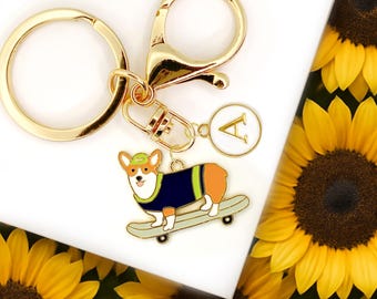 Cute Enamel Keychain: Corgi Dog on Skateboard with Custom Initial-K-A020-2
