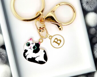 Cute Spotty Black and White Cat Enamel Keychain with Personalized Monogram Letter Charm, Fun Kawaii Gold-Plated Keyring - K-A005-3