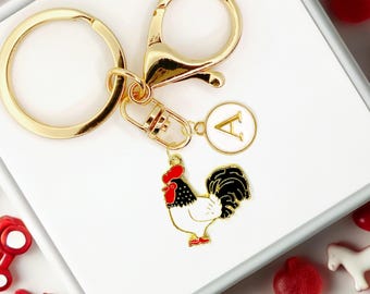 Cute Enamel Keychain: White Rooster Chicken with Custom Monogram Initials-K-A032-3