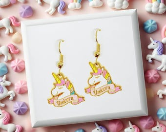 Unicorn Dangle Earrings 18k Gold Plated Hook, Cute Kawaii Pastel Jewelry Gift, Magical and Whimsical Accessory - ERA-A130-1