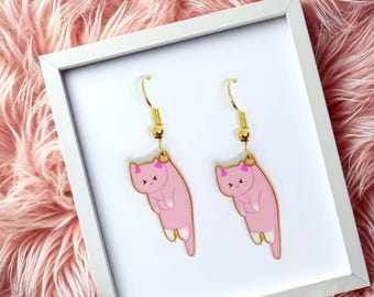 Pink Cat Dangle Earrings with 18k Gold Plated Hook, Kawaii Cat Jewelry for Pet Lovers, Cute and Fun Animal Gift for Teens-ERA-A001-6