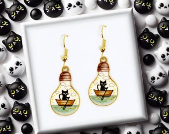 Black Cat in Lightbulb Boat Dangle Earrings with Enamel Pendant and 18k Gold Plated Hook, Kawaii Jewelry Gift for Cat Lovers - ERA-A007-1