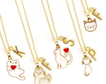 Custom White Cat Necklace with Initial – Kawaii Cat Lover Gift with Enamel Charm and 18k Gold Plated Chain for Girls and Women - NCA-008