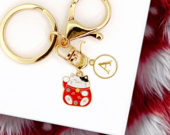 Cute Enamel Keychain: Red Maneki Neko Cat with Custom Monogram Initials-K-A099-1