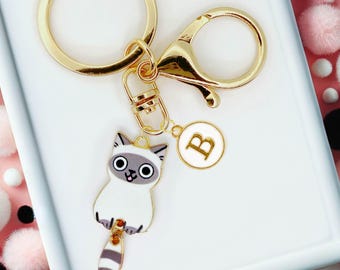 Cute Hanging Siamese Cat Enamel Keychain with Personalized Monogram Letter Charm, Trendy Bag Charm, Cute Gift for Cat Lovers-K-A003-3