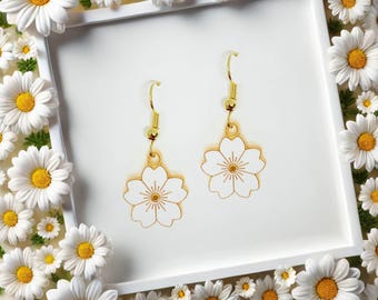 White Sakura Cherry Blossom Dangle Earrings, Minimalist Floral Jewelry Gift for Spring, Elegant Flower Accessory - ERA-A035-3