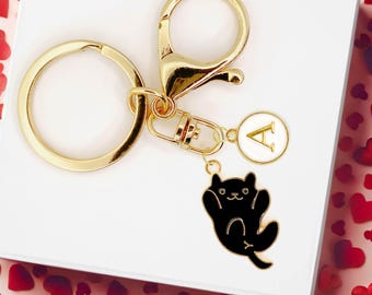 Cute Black Cat Charm Keychain with Gold Letter Pendant Funny Kitty Accessory Gift for Cat Lovers and Bag Decoration-K-A126-1