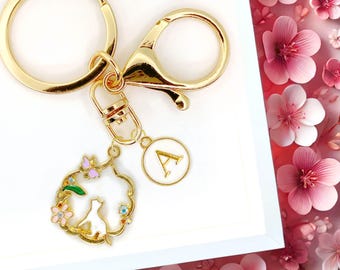 Cute Enamel Keychain Sakura Cherry Blossom White Cat Custom Monogram-K-A013-8