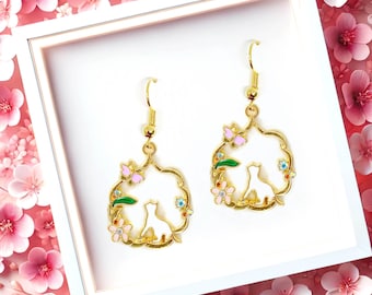 Pink Flower White Cat Enamel Earrings: 18k Gold Plated Dangle-ERA-A013-8