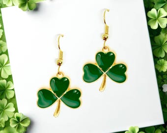 Green Clover Dangle Earrings, St. Patrick’s Day Jewelry Gift, Irish-Inspired Good Luck Accessory - ERA-A034-5