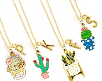 Cactus Lady Necklace 18k Gold Plated Chain with Initial – Crazy Plant Lady Gift with Succulent Botanical Jewelry for Plant Lovers-NCA-009