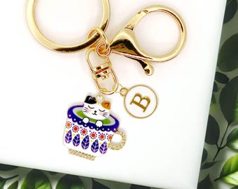 Cute Cat in a Teacup Enamel Keychain with Personalized Monogram Letter Charm, Fun Kawaii Gold-Plated Keyring, Trendy Bag Charm-K-A006-1
