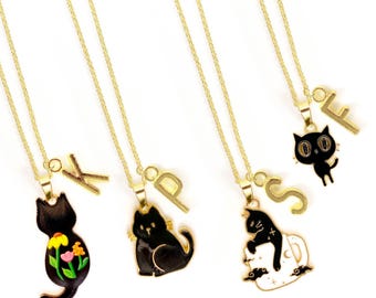 Black Cat Charm Necklace – Kawaii Cat Lover Gift with Floral, Moon or Witchy Style and Personalized Initial on Gold Chain or Cord-NCA-007