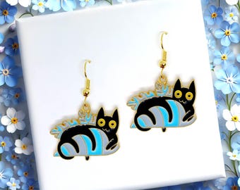Adorable Black Cat Earrings - Cute Kitty with Blue Plant - Kawaii and Fun Cat Jewelry Gift for Plant & Cat Lovers-ERA-A022-3