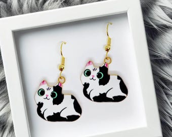 Black and White Cat Dangle Earrings 18k Gold Plated Hook, Kawaii Jewelry Gift for Cat Lovers, Cute Animal Accessory-ERA-A005-3