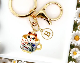 Cute Ginger Tabby Cat in a Teacup Enamel Keychain with Personalized Monogram, Fun Kawaii Gold-Plated Keyring, Trendy Bag Charm-K-A006-6