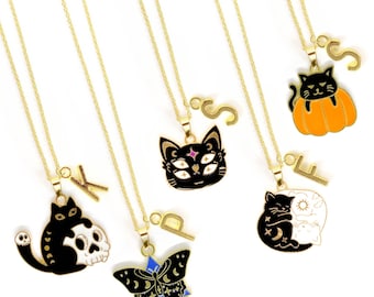 Mystical black cat charm necklaces with skulls, pumpkins, moons, and butterflies–witchy aesthetic jewelry for Halloween goth lovers-NCA-015