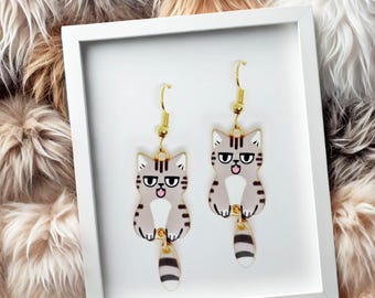 Grey Tabby Cat Dangle Earrings 18k Gold Plated Hook, Kawaii Jewelry Gift for Cat Lovers, Cute Animal Accessory-ERA-A003-5