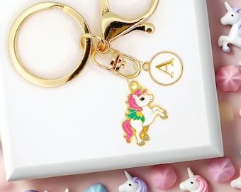 Cute Enamel Keychain: Pastel Rainbow Unicorn with Custom Monogram -K-A130-6