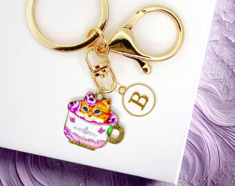 Cute Ginger Tabby Cat in Purple Floral Teacup Enamel Keychain with Personalized Monogram Letter Charm, Gold-Plated Keyring-K-A006-10