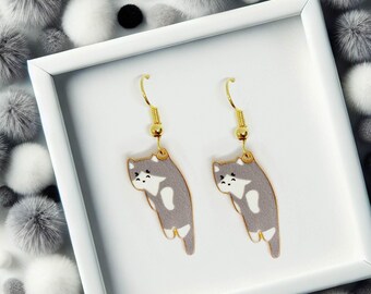 Grey Cat Dangle Earrings with 18k Gold Plated Hook, Kawaii Cat Jewelry for Pet Lovers, Cute Animal Gift for Teens, Cat Lovers-ERA-A001-5