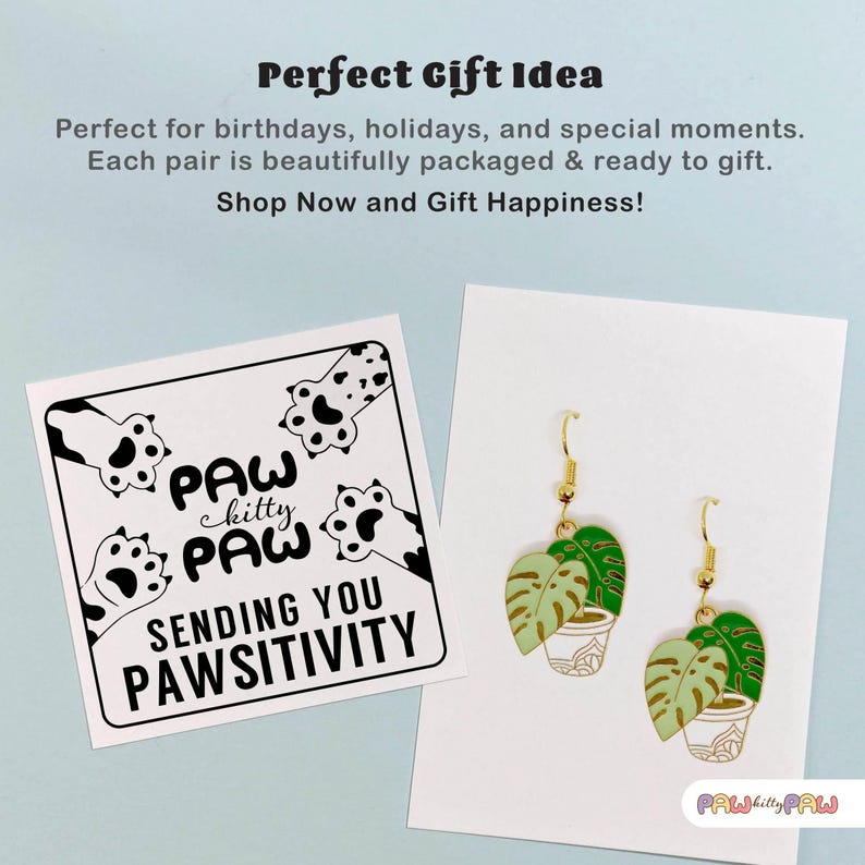 Monstera plant leaf dangle earrings with enamel charms and 18k gold-plated hooks, perfect for plant ladies and nature lovers.