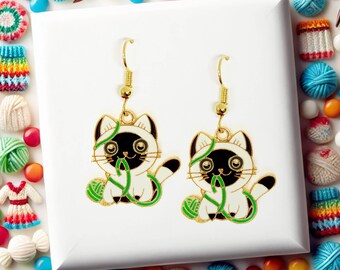 Siamese Cat Earrings, Knitter and Crocheter Gift, Cat Lady Jewelry, Playful Yarn Earrings, Perfect Knitters Gift Ideas-ERA-A069-1
