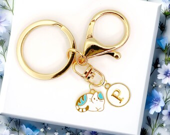 Cat Keychain Light Blue Personalized Initial – Cute Enamel Kitty Accessory, Kawaii Gift for Cat Lovers, Bag or Purse Charm